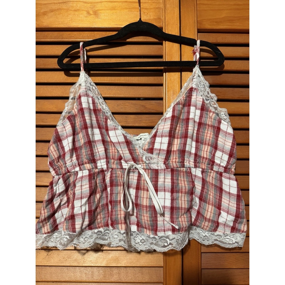 American Eagle Women's Top M White Red Lace